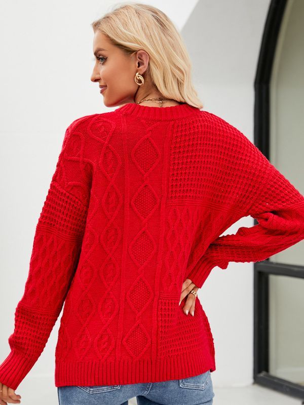 Casual Round-neck Pullover Sweater Fall Solid Color Cable-knot Pattern Tops Clothing