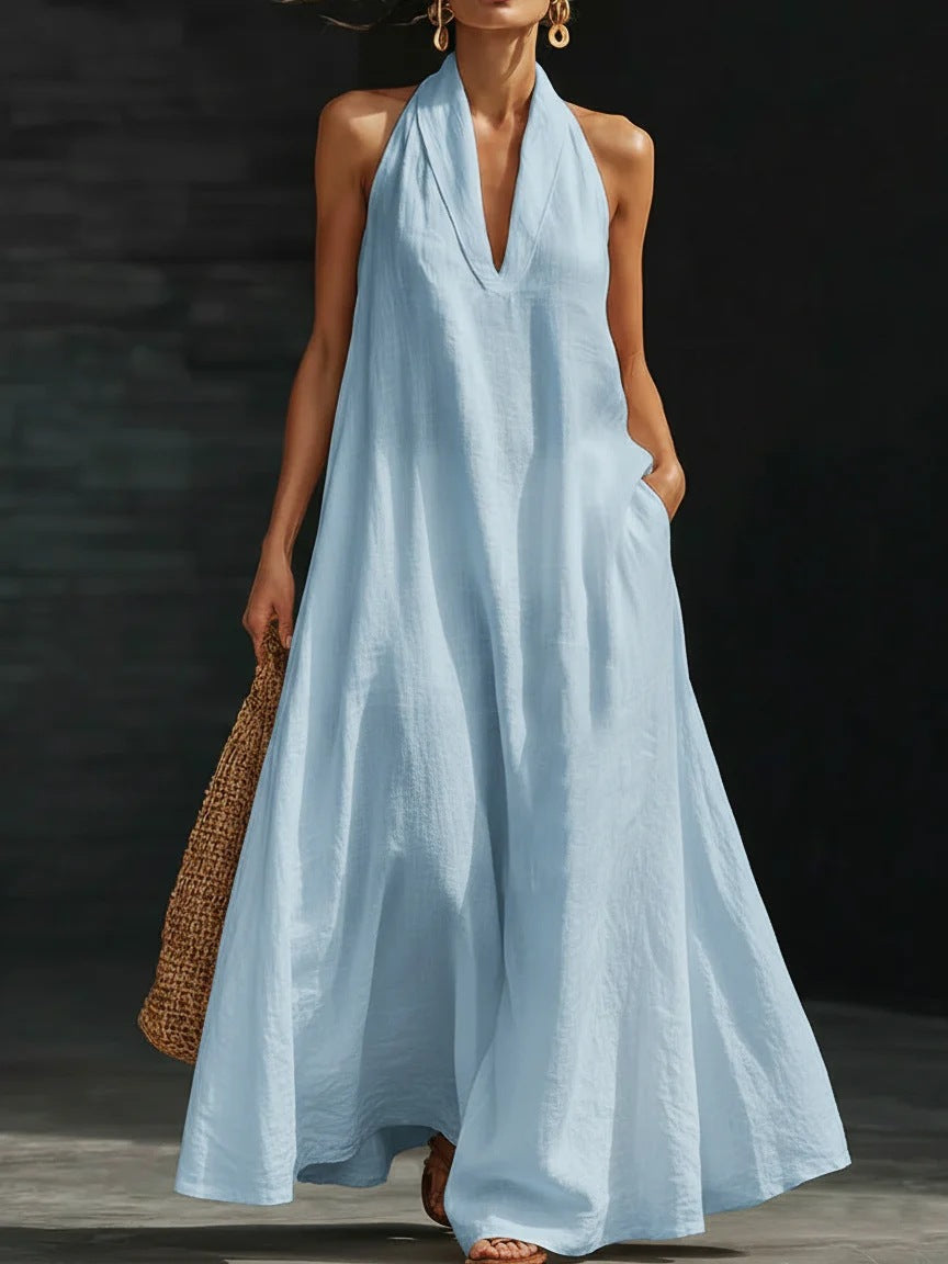 Casual Solid Color V-Neck Dress