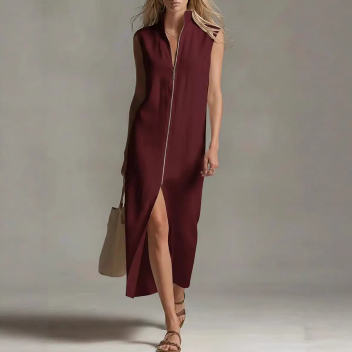 Sleeveless Zippered Stand Collar Slit Casual Dress