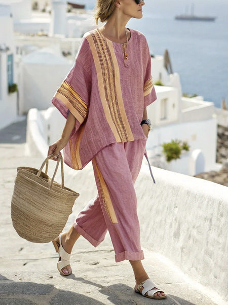 Striped Suits Loose Batwing Sleeve T-shirt And Solid Straight-leg Pants