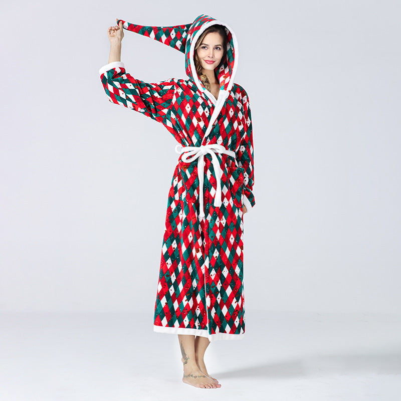 Christmas Sleepwear Fleece Hooded Bathrobe Plush Long Robe Winter