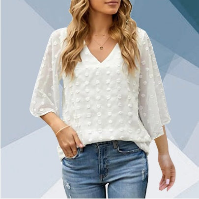 V-neck Three-quarter Sleeves Dotted Chiffon Shirt Blouse Women