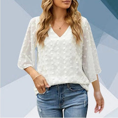 V-neck Three-quarter Sleeves Dotted Chiffon Shirt Blouse Women