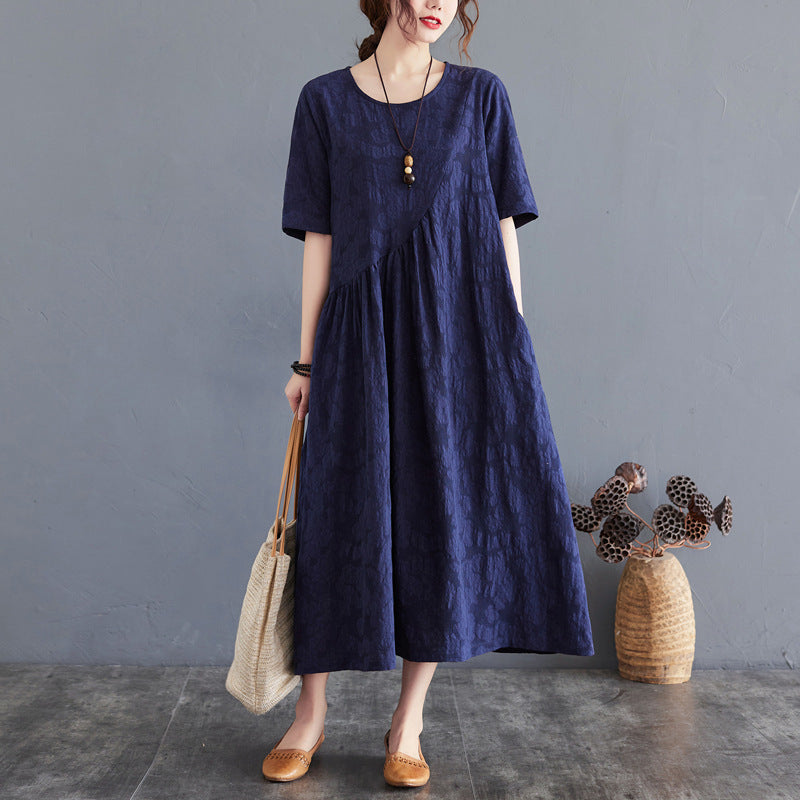 Loose And Simple Jacquard Irregular Large Size Cotton And Linen Dress For Women