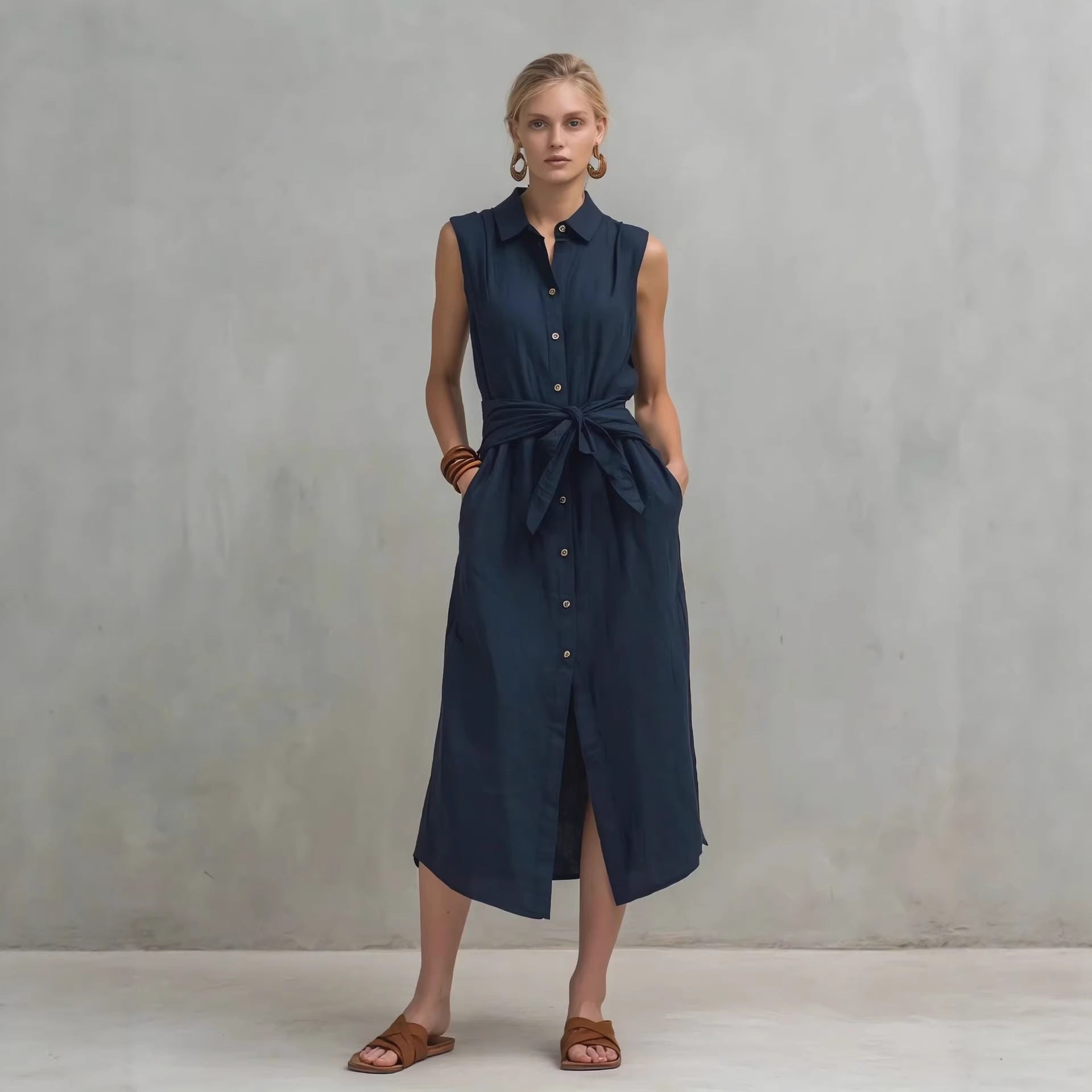 Casual Cotton-Linen Bag-Style Solid-Colored Sleeveless Dress