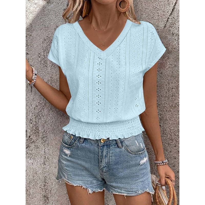 Eyelet Top Casual V Neck Short Sleeve Smocked Shirts Loose Tunic Tops Blouses