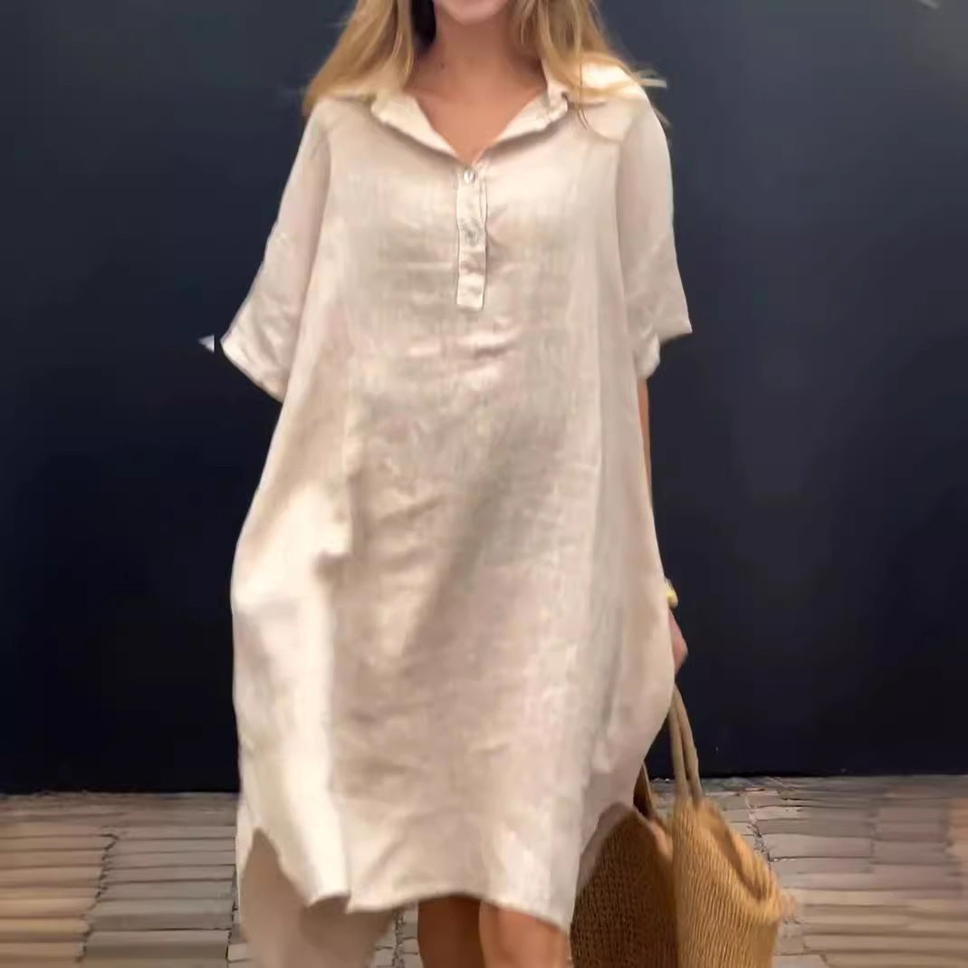 Solid-color Casual Cotton-linen Long Dress With A Turn-down Collar And Buttons