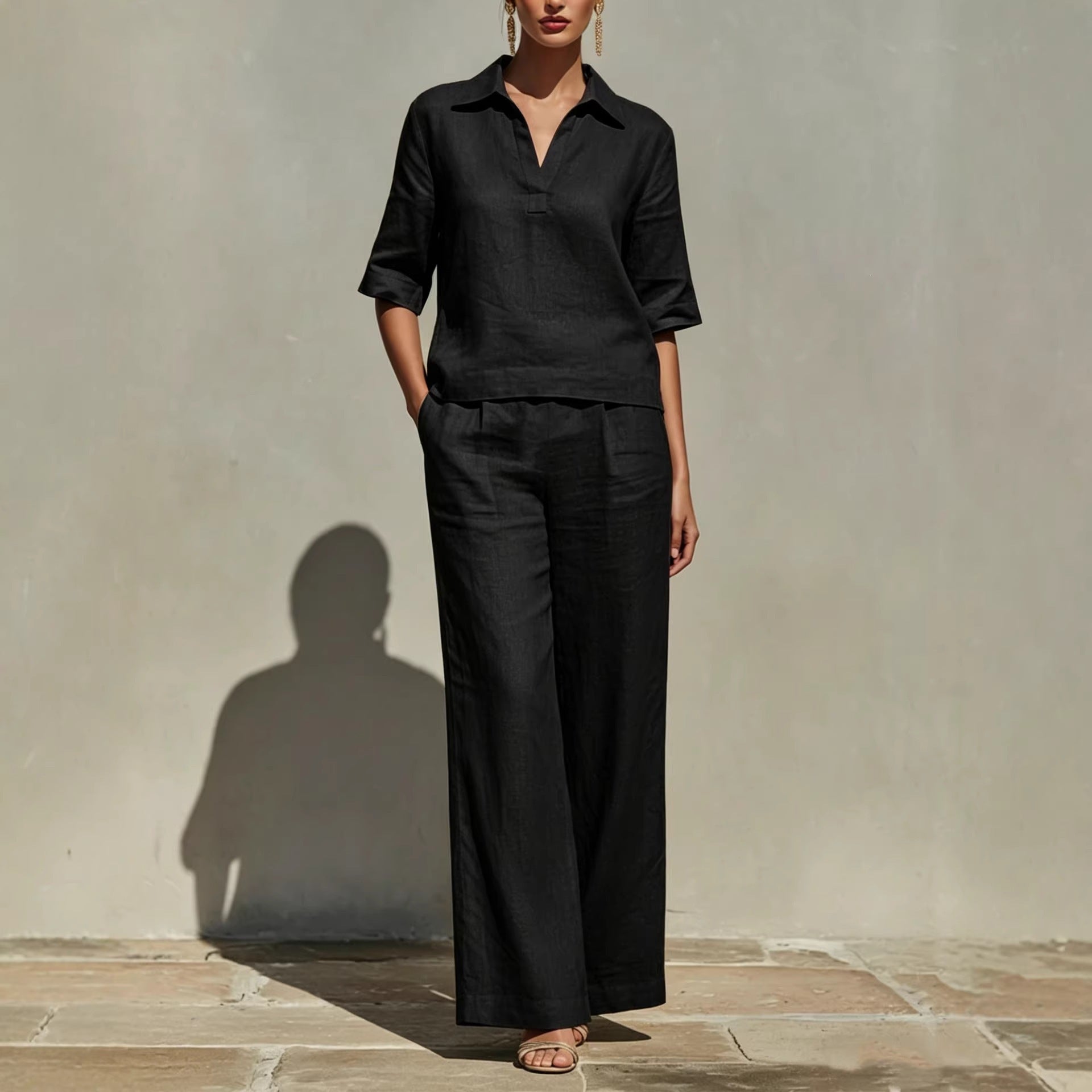 Solid-Colored Casual Linen Two-Piece Set