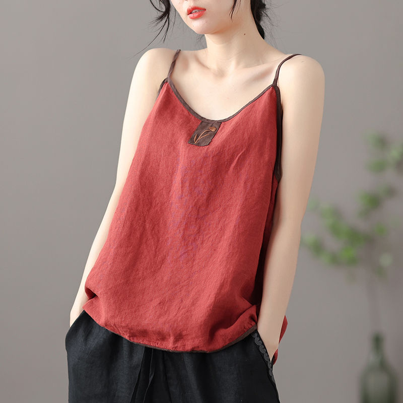 Thin Cotton Linen Top Ladies Embroidered Vest