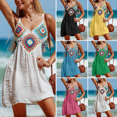 Sleeveless Bohemian Dress â€?Colorful Patterned V-Neck Hollow Beach Style