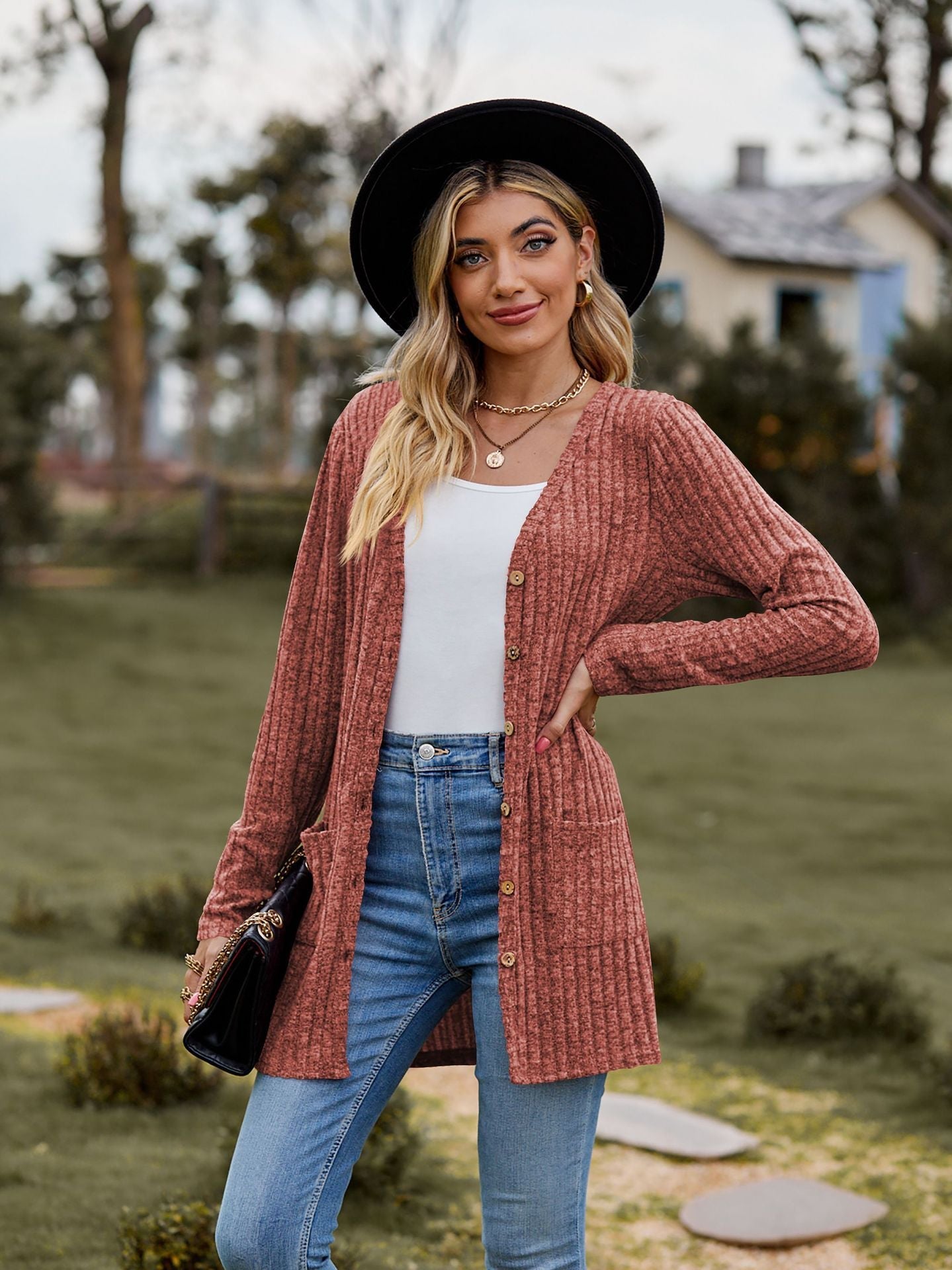 Fall Clothing Sunken Stripe Solid Color Long Sleeve Sweater