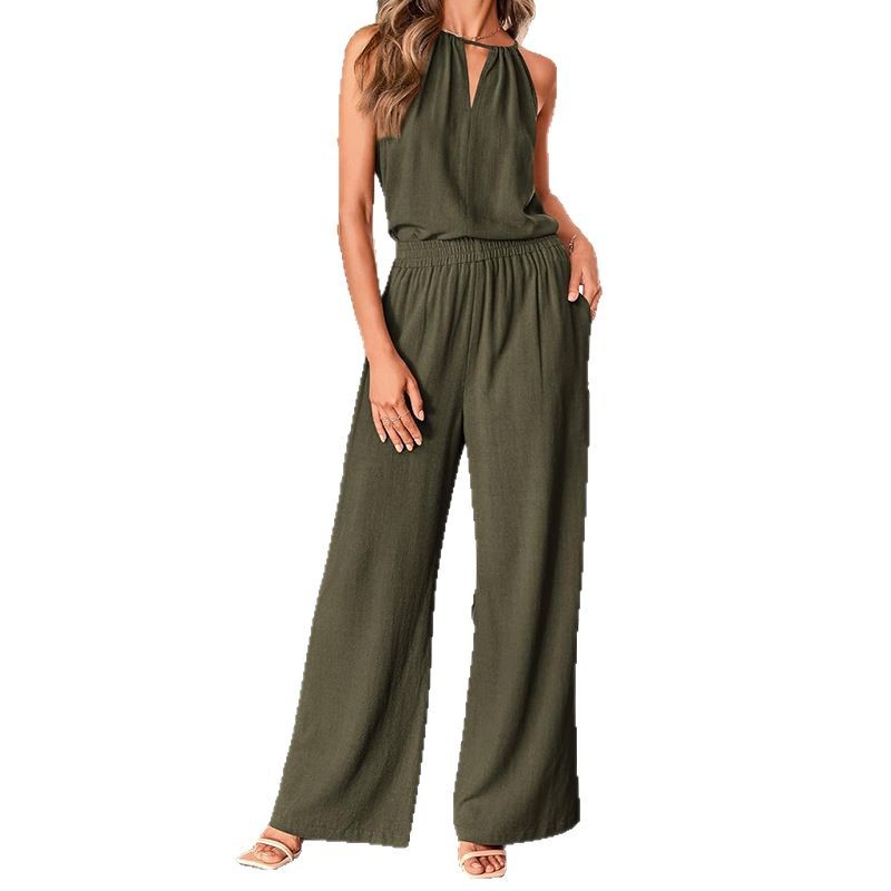 Hollow-out Halter Top And Wide-leg Pants Casual Cotton-Linen Set
