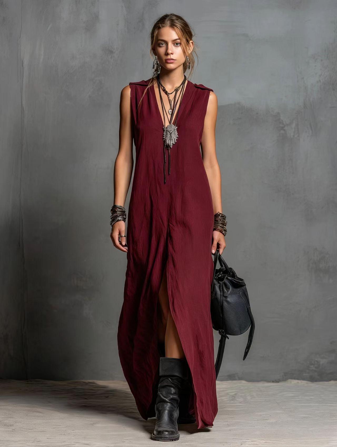 Womens Split Long Sleeveless V-Neck Dress