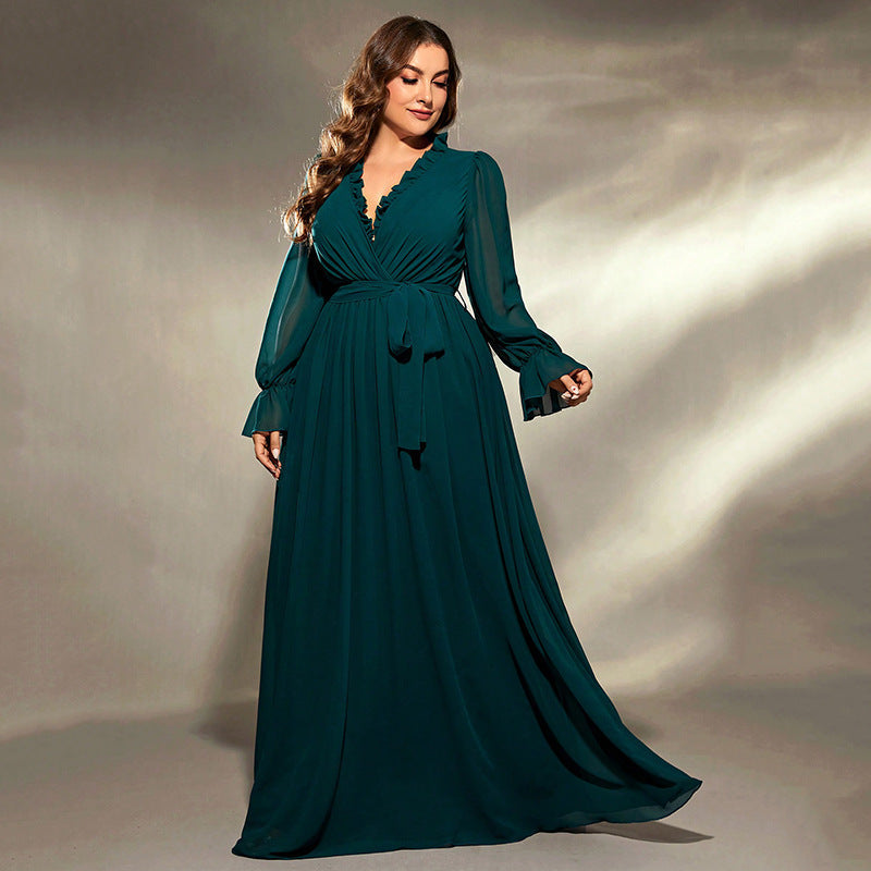 Long Large Hem Green Chiffon Dress