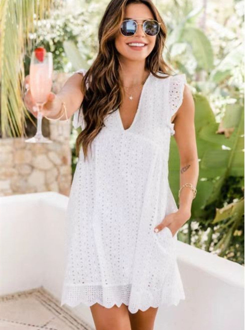 Lace Jacquard Hollow V-neck Dress
