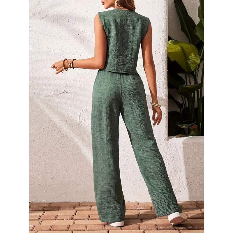 Womens Two Piece Outfits Button V Neck Crop Vest Blazer And Wide Leg Pants Suit Matching Sets