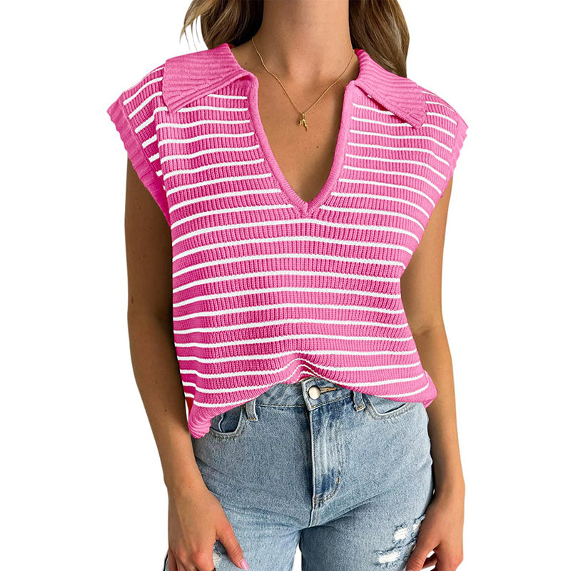 V Neck Cap Sleeve Sweater Vest Sleeveless Collared Striped Knit Tank Tops