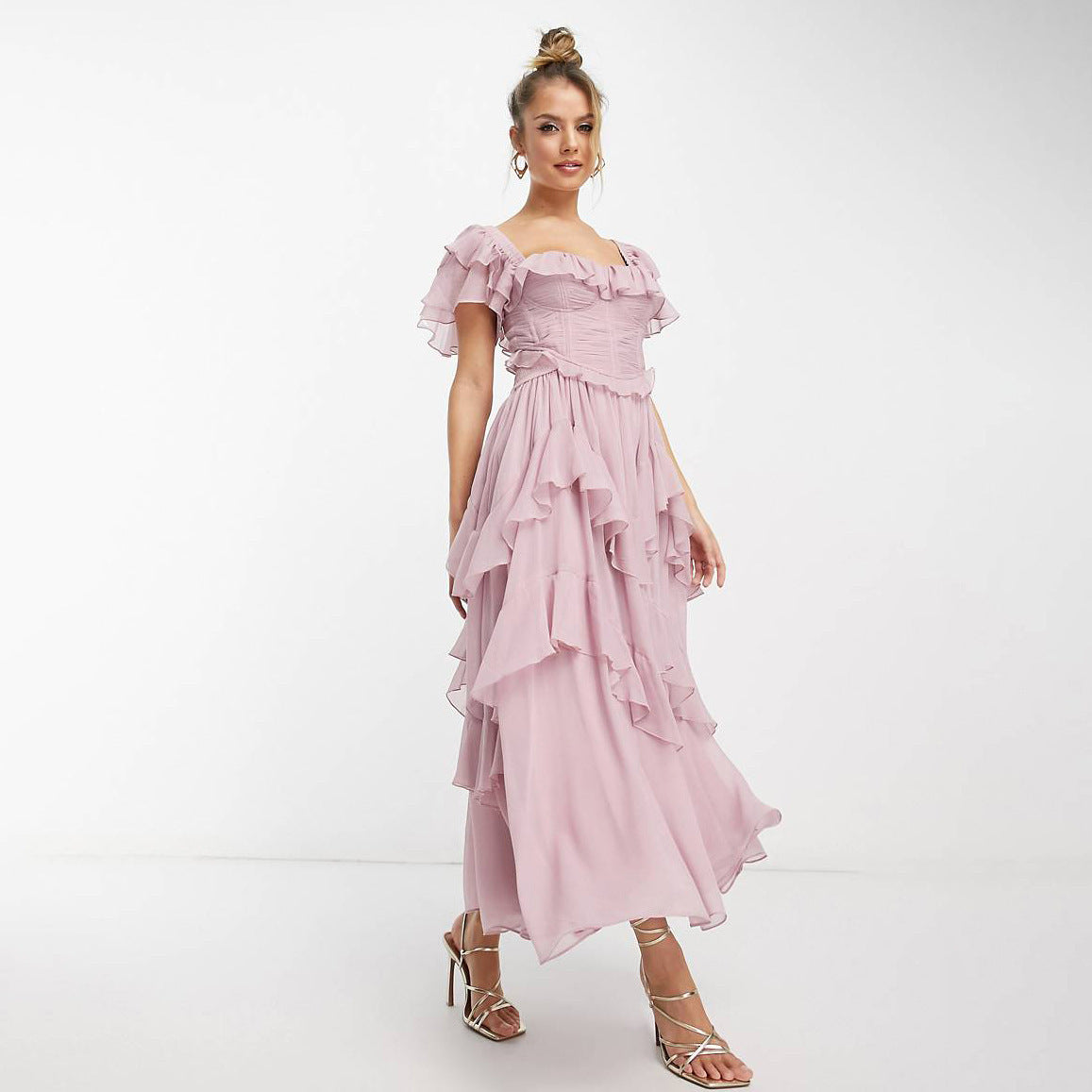 Holiday Ruffled Short-sleeved Dress Backless Square Neck Long Dresses For Party Womens Clothing