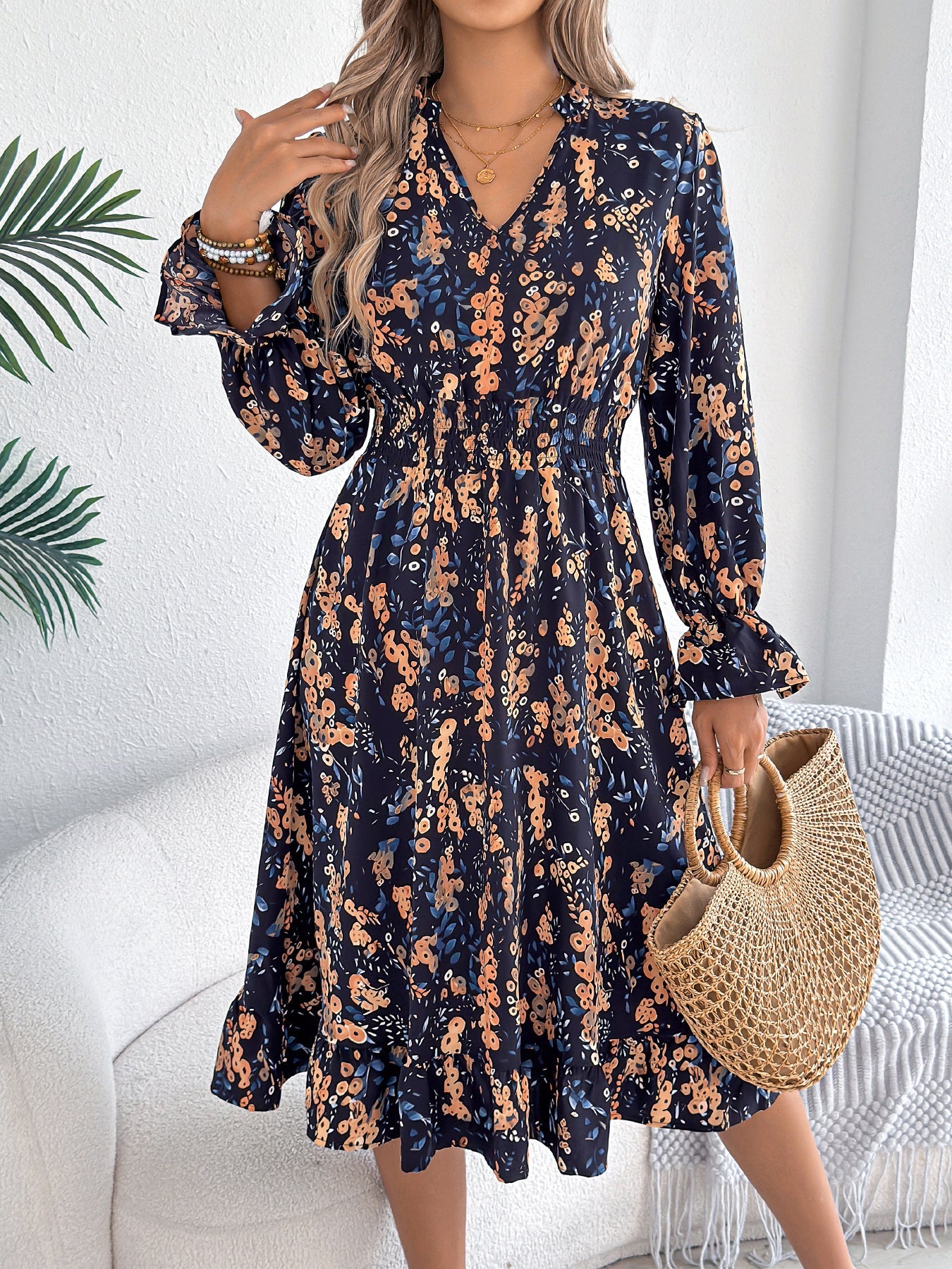 Casual Floral Print Bell Sleeve Tie Waist A-Line Dress