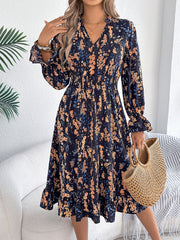 Casual Floral Print Bell Sleeve Tie Waist A-Line Dress