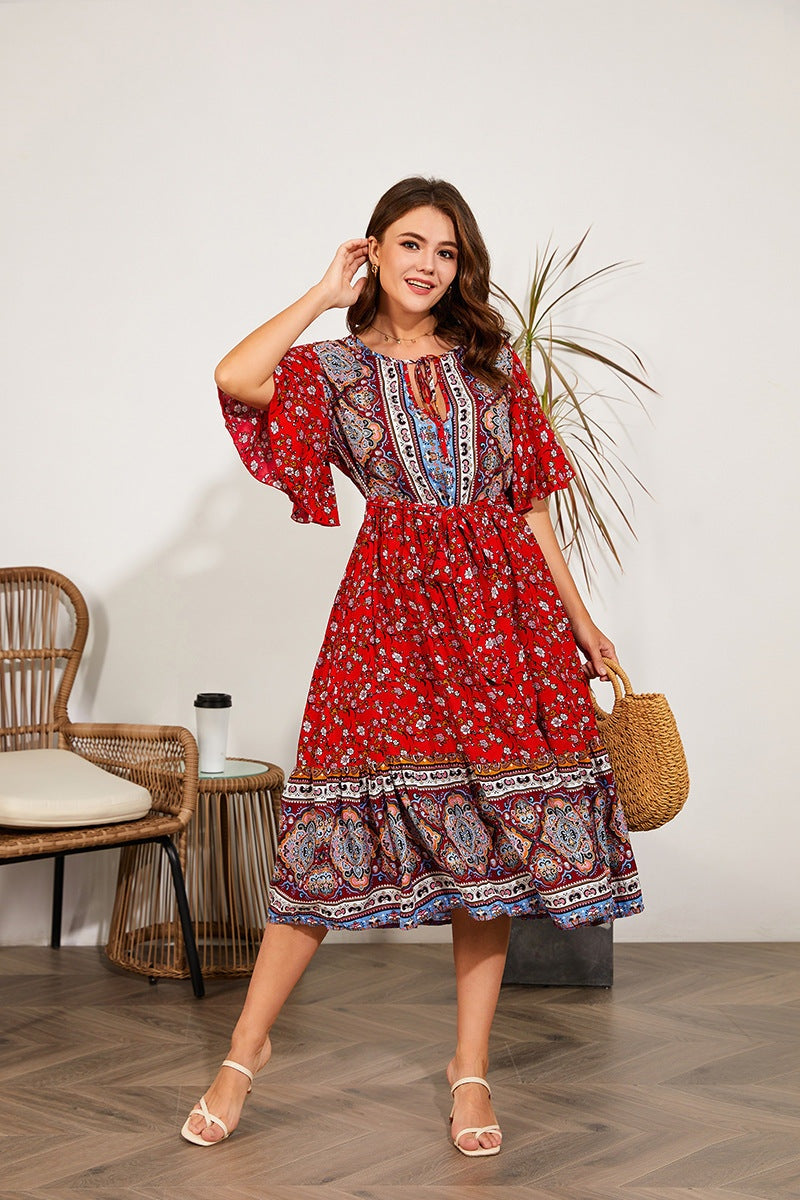 Fat Dresses V Neck Print Beach Dress
