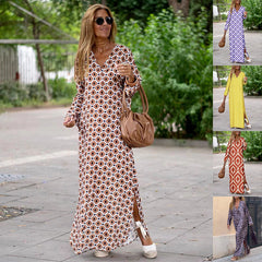 Geometric Printed V-neck Long Dress Long Sleeve Slit Dresses For Women