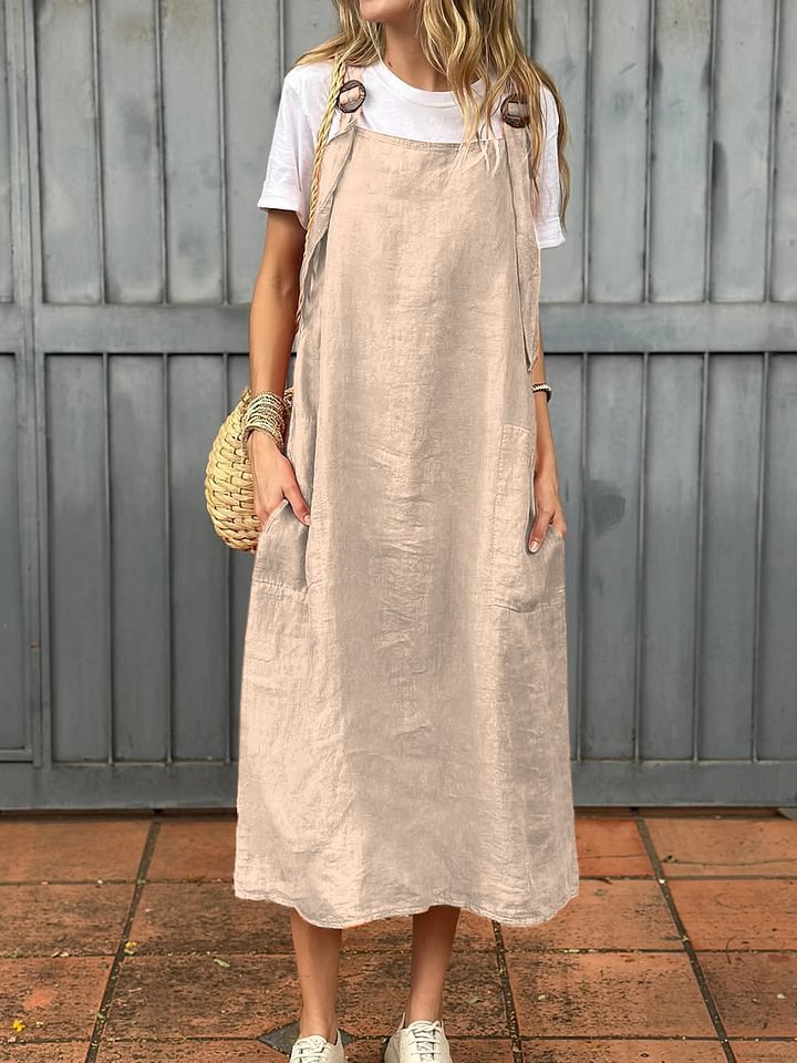 Adjustable Shoulder Strap Casual Cotton And Linen Dress