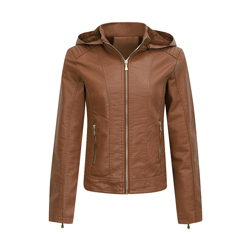 Plush Thickened Hooded Coat Slim Zipper Leather Jacket With Pockets Long Sleeve Outwear Tops For Womens Clothing