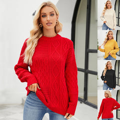 Casual Round-neck Pullover Sweater Fall Solid Color Cable-knot Pattern Tops Clothing