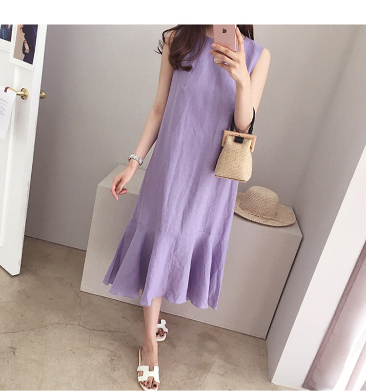 Taro Purple Linen Dress Casual Sleeveless Loose Slimming Fishtail