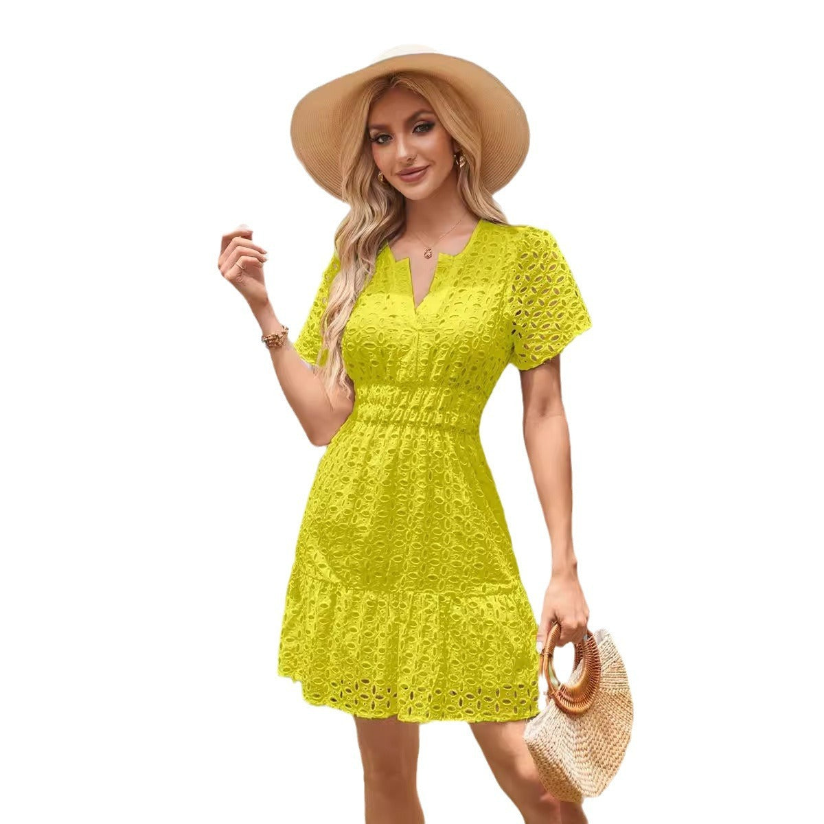 V-neck A- Line Hollow Lace Dress