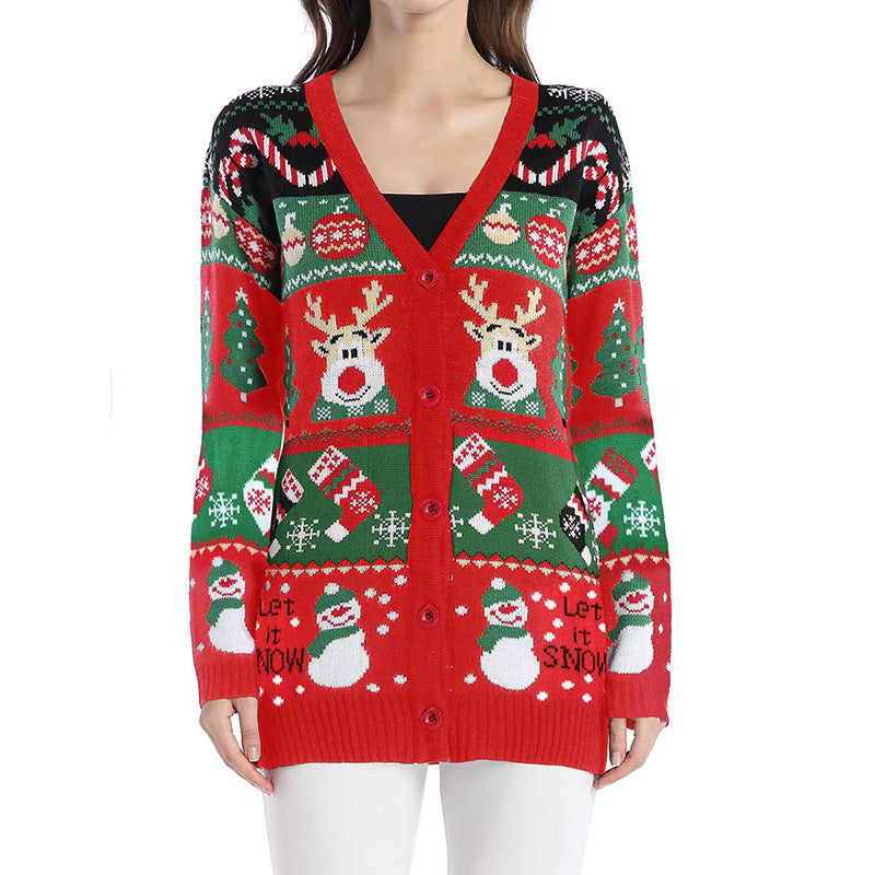 Loose Knitted Cardigan Sweater Coat Casual Long-sleeved Christmas Sweater