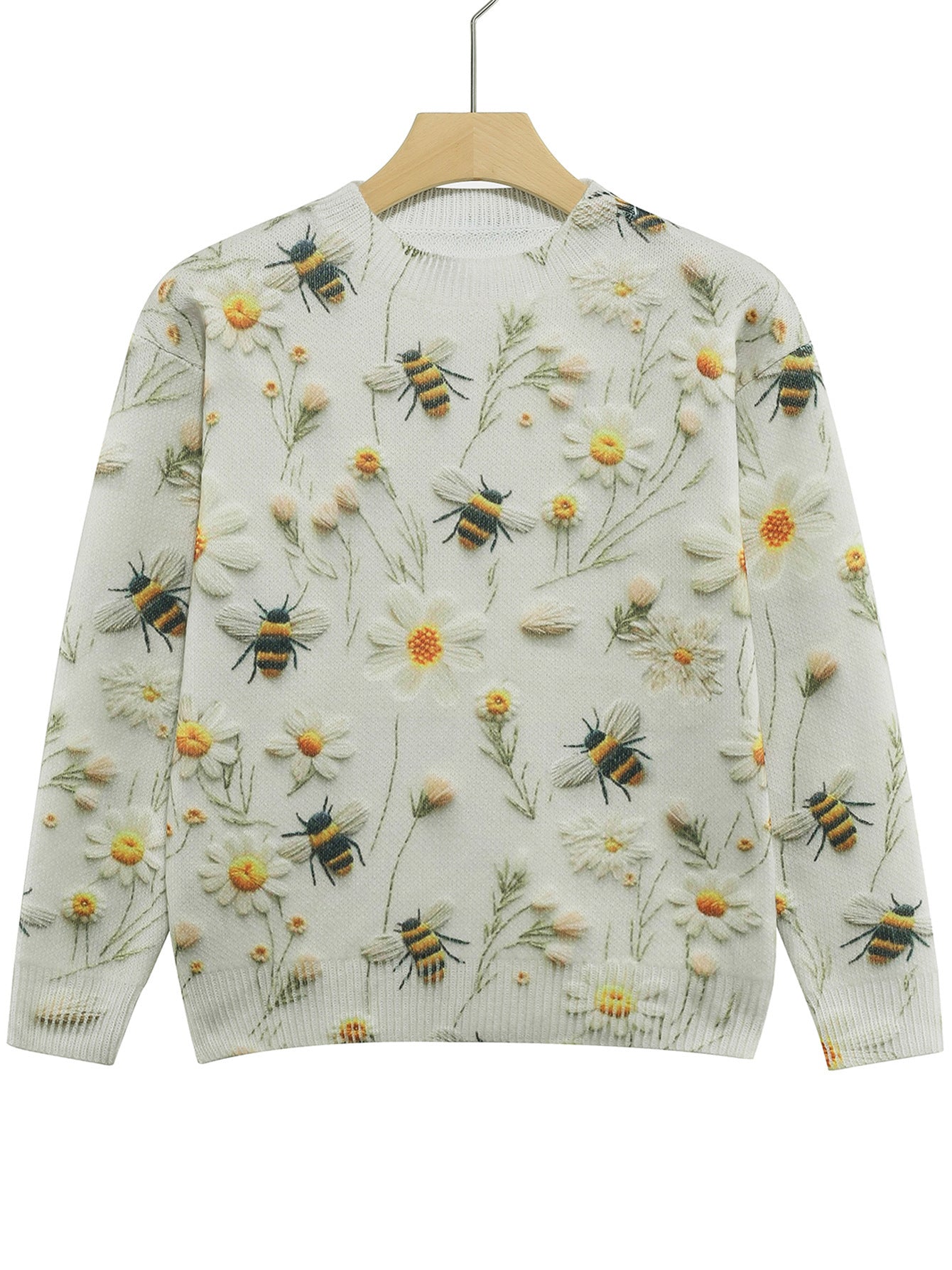 Knitted Sweater Sweater Round Neck Printed Bee Flower Top