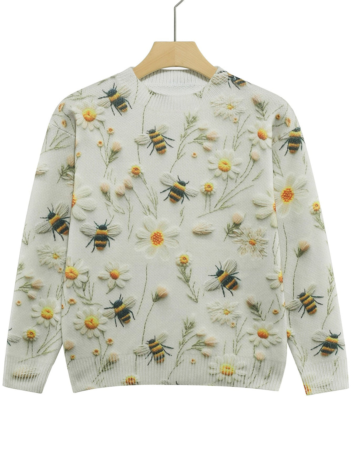 Knitted Sweater Sweater Round Neck Printed Bee Flower Top
