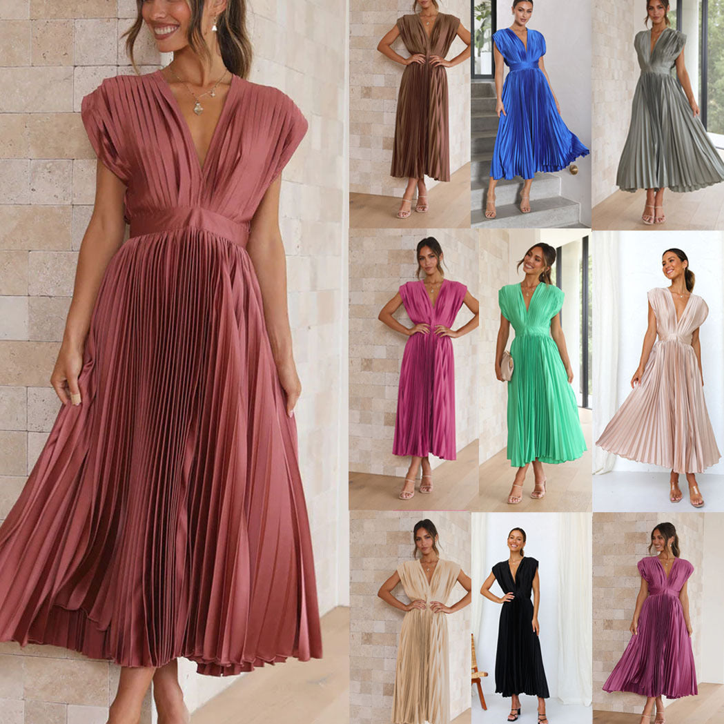 V-Neck Pleated Sleeveless Dress â€?Casual Loose Fit with Zip Detail