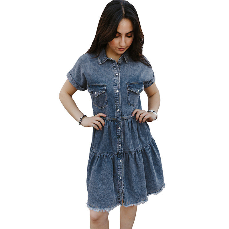 Washed Denim Dress Loose Single-breasted Casual Dress