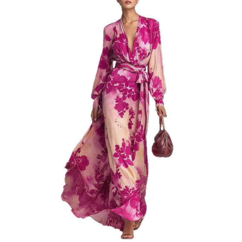 Chiffon Long-sleeve V-neck Lace-up Dress