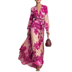 Chiffon Long-sleeve V-neck Lace-up Dress