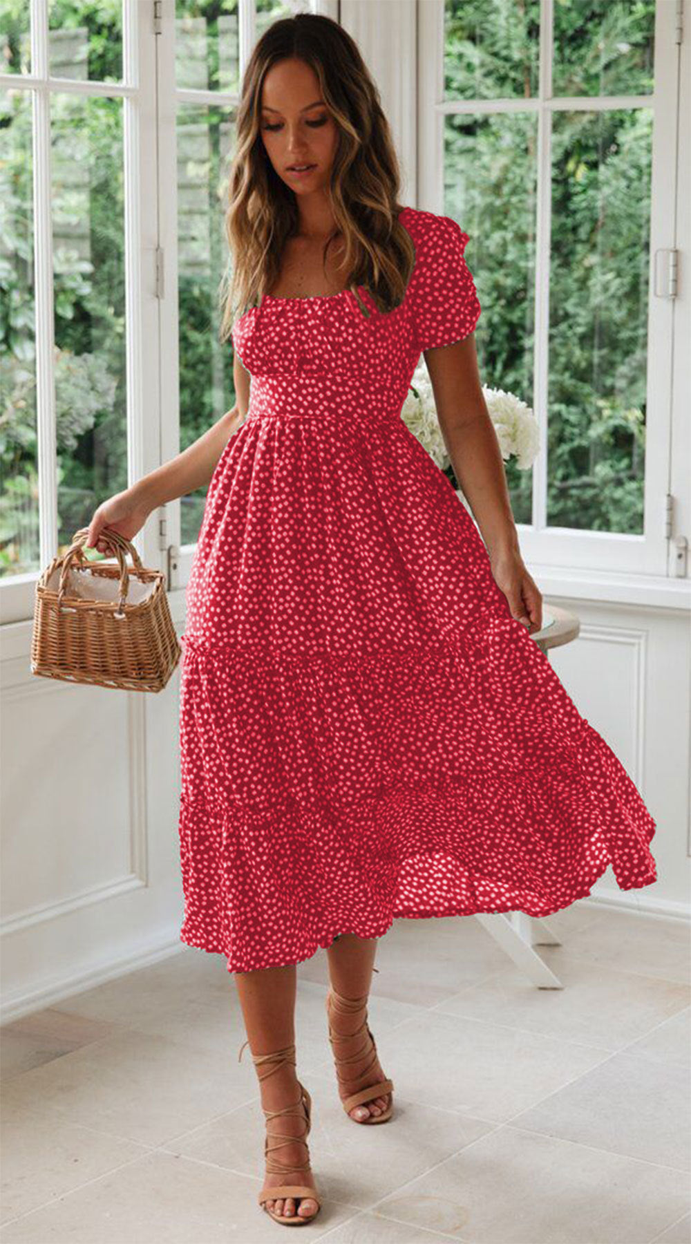 Square Collar Short Sleeve Dress Puff Floral Printed Dress Long Dresses