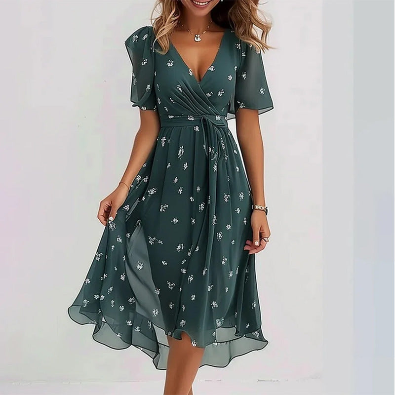 Flowers Printed V-neck Dress A-line Short-sleeved Dresses For Women
