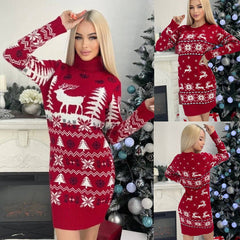 Elk Christmas Tree Jacquard Long Sleeve Dress Sweater