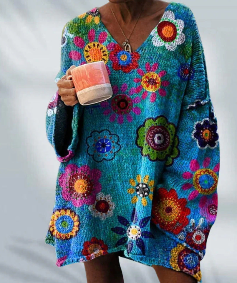 Elegant Digital Printing Casual Loose Sweater Dress
