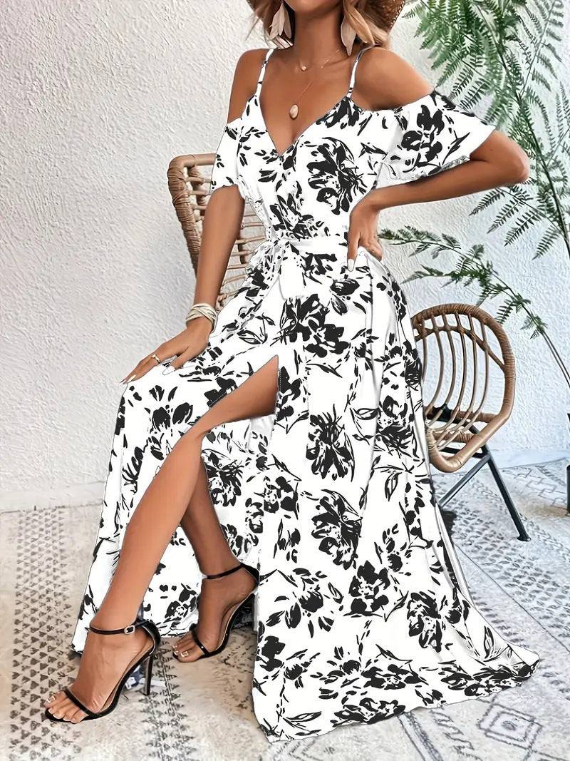 Ins Off-Shoulder Split Dress Floral Print Suspender Long Dresses With Belt Design Beach Clothing