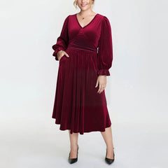 V-neck Pleated High-waist Plus-size Midi Dress