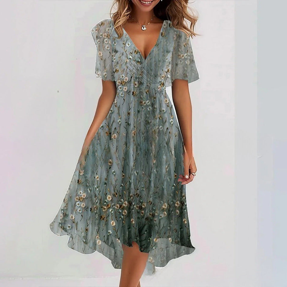 Flowers Printed V-neck Dress A-line Short-sleeved Dresses For Women