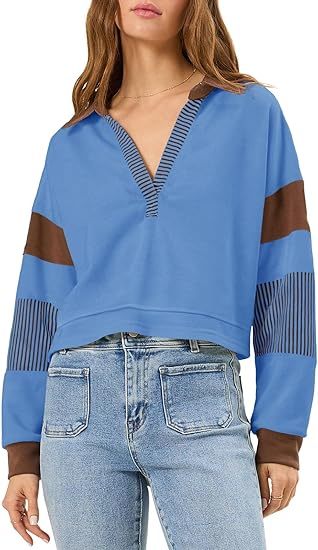 Fisoew Long Sleeve Crop Tops Polo V Neck Color Block Casual Loose Pullover Cropped Sweatshirt