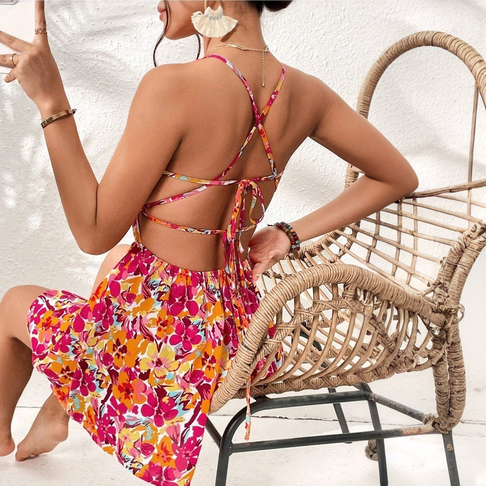 Floral Print Dress Lace-up Back Seaside Holiday Short Dresses