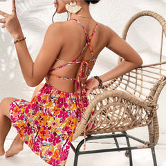Floral Print Dress Lace-up Back Seaside Holiday Short Dresses