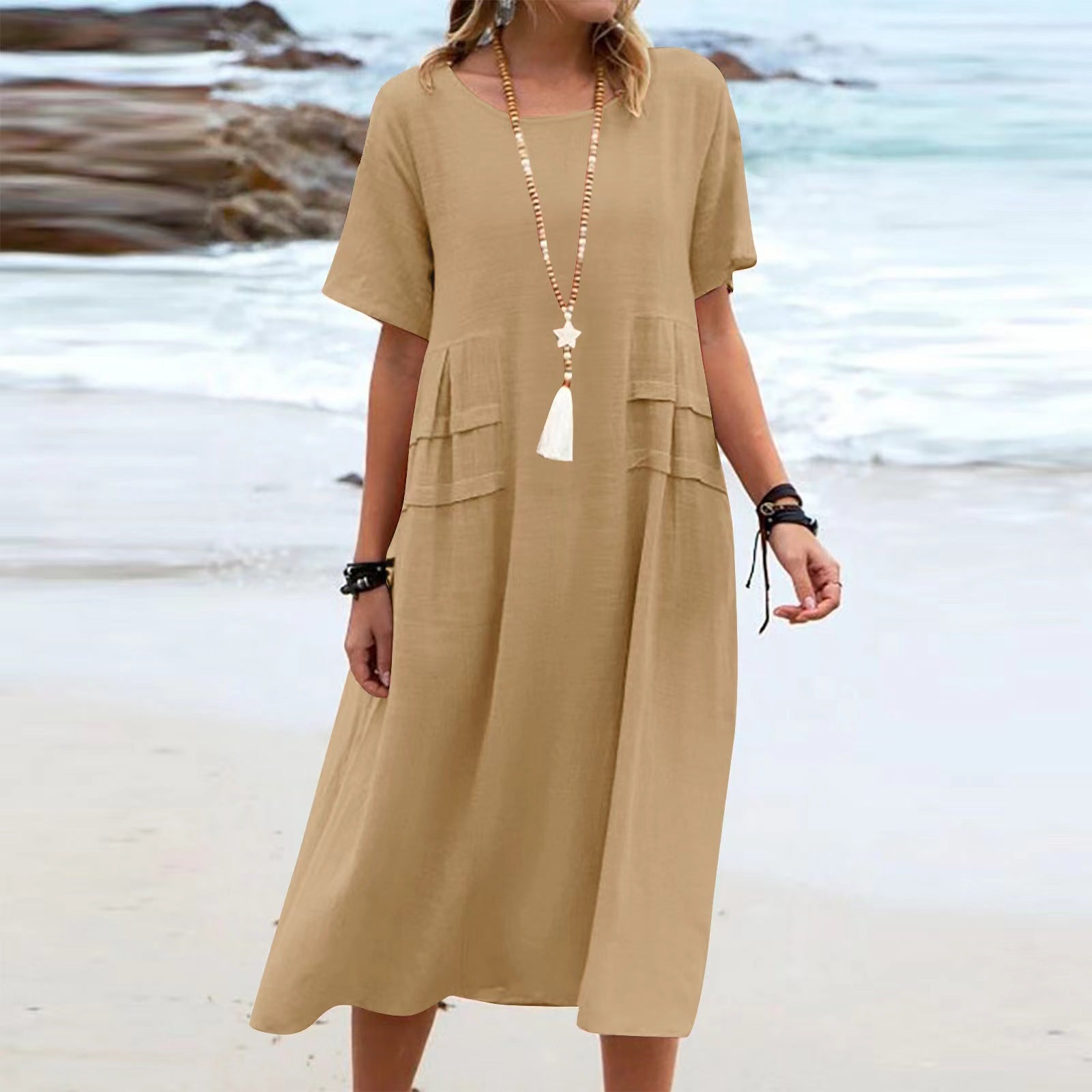 Cotton Linen Midi Dress â€?Loose Fit, Breathable, Casual Beach Style