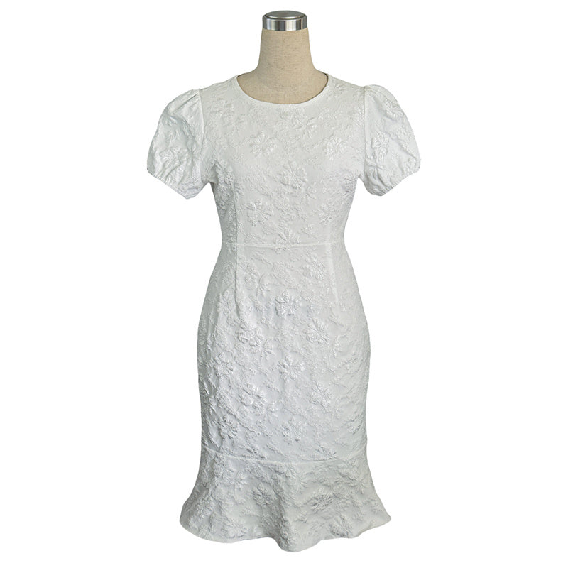 Floral Jacquard Dress Short Puff Sleeve Crew Neck Ruffle Hem Bodycon Dresses